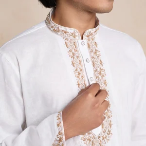 Premium White Embroidered Ramie Cotton Panjabi